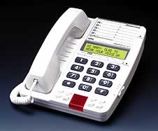 A telephone with large numbers on the buttons and a display screen at the top of the phone’s base.