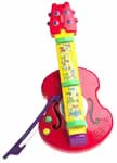 A plastic, toy guitar with a bow gliding over its strings.