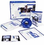 Items included in the JAWS software package including an instruction book, CD, and disks.