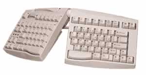 A keyboard that is split down the center with each half of the keyboard facing outward.