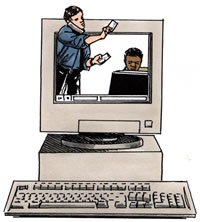 image of computer with two people interacting (to signify distance learning)