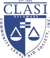 Community Lebal Aid Society, Inc. of Delaware, CLASI Logo, in blue and white, with the scales of justice balanced in the center of a sheild, and the established date 1946 at the top of the logo.