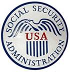 logo/seal of the Social Security Administration with a line drawing a an eagle and the letters U S A below it.