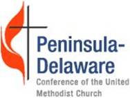 logo of the Peninsula-Delaware Conference of the United Methodist Church with a simple line drawing of a cross and a representative image of a flame.