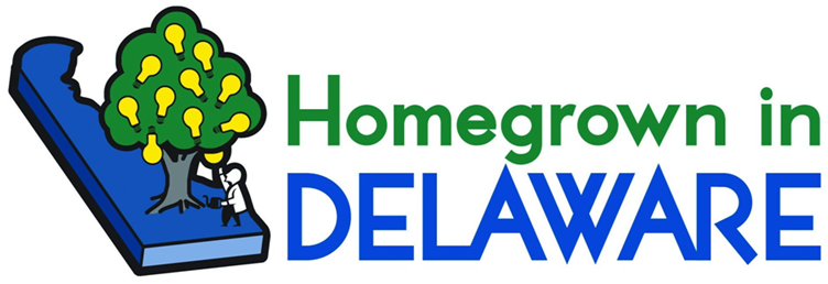 Title: Homegrown in Delaware logo. - Description: Homegrown in Delaware. Image includes the title words along with an outline drawing of the state witha tree growing from it. The tree has lightbulbs on it, as if they are fruits, that are being picked by a small figure underneath the tree.